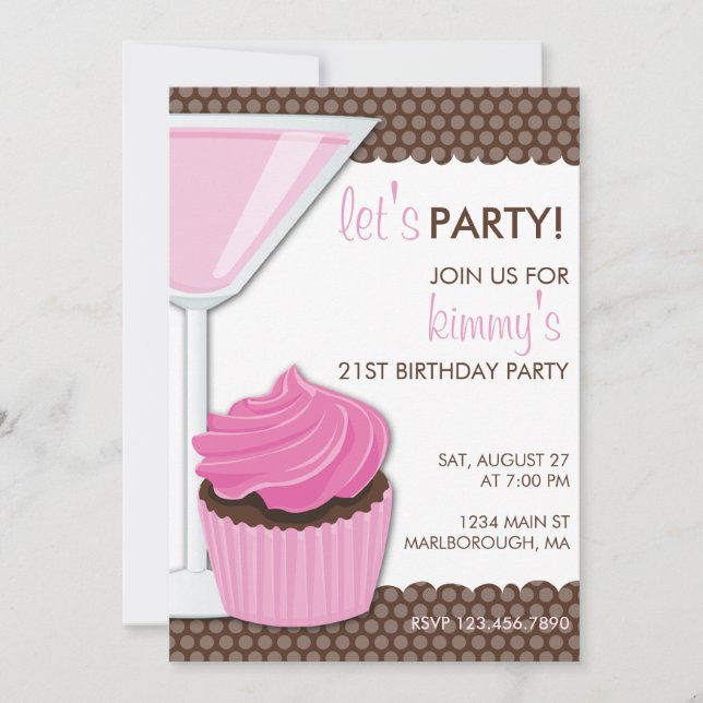 Invitation Martini et Cupcake 21e anniversaire (Devant)