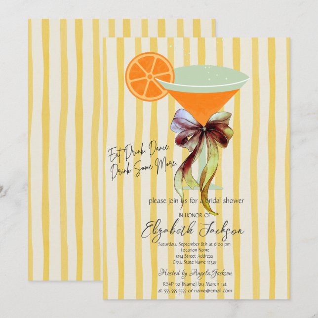 Invitation Martini Yellow Stripes Bow Bridal Shower  (Devant / Derrière)