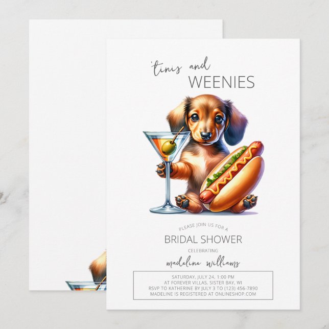 Invitation Martinis et Weenies Fête des mariées Dachshund (Devant / Derrière)