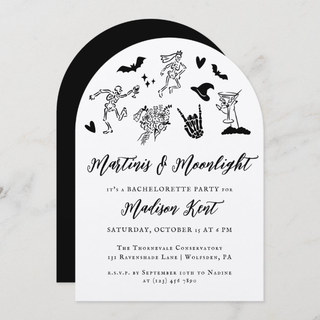 Invitation Martinis & Moonlight Spooky Whimsical Bachelorette (Devant / Derrière)
