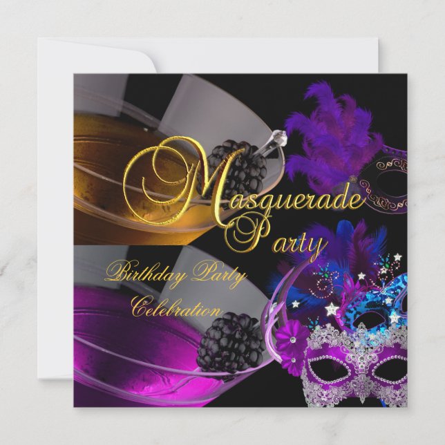 Invitation Mascarade Anniversaire Fête Masque rose violet mas (Devant)