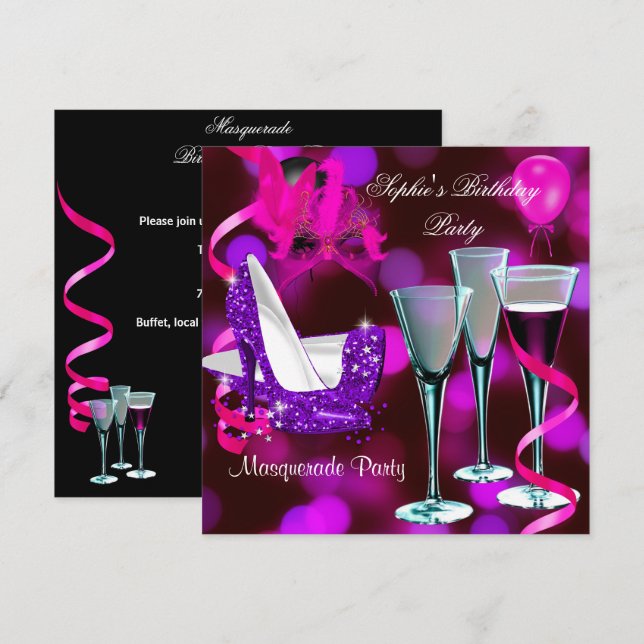 Invitation Mascarade Anniversaire Fête Purple Pink Stiletto (Devant / Derrière)