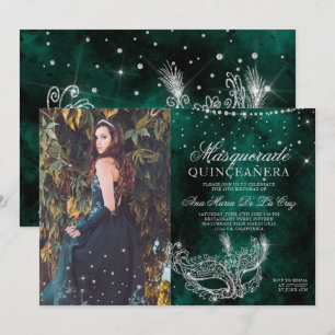 Invitation Mascarade argent parties scintillant vert quincean