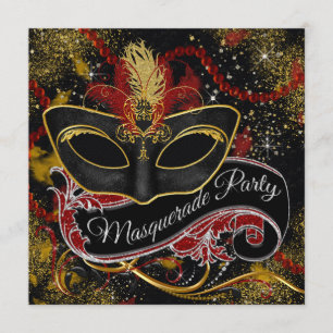 Invitation Mascarade Black Red Gold Pearl Glam Party