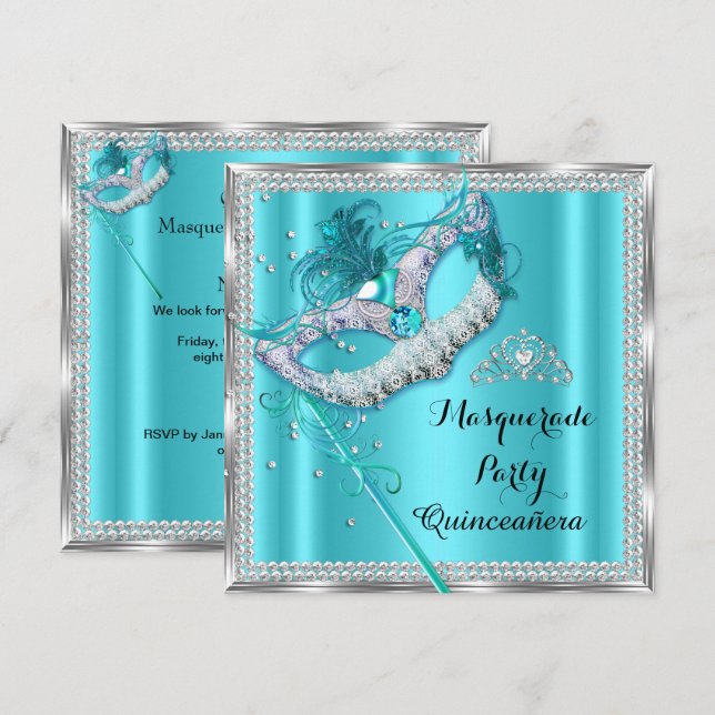 Invitation Mascarade bleu turquoise Mascarade Quinceanera (Devant / Derrière)