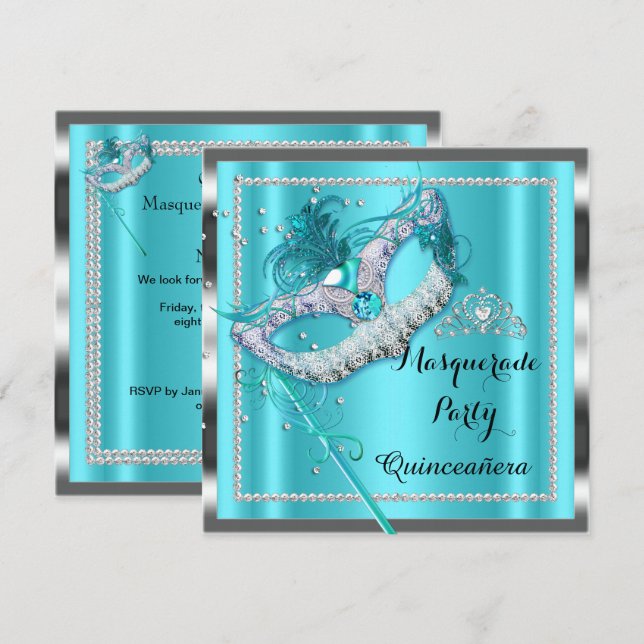 Invitation Mascarade bleue turquoise Quinceanera Party Mask 2 (Devant / Derrière)