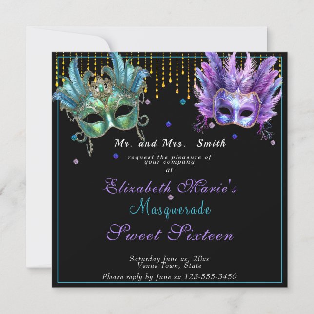 Invitation Mascarade Carnaval rose Turquoise Sweet sixteen (Devant)