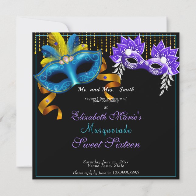 Invitation Mascarade Carnival Masques Sweet sixteen (Devant)