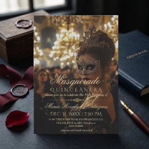 Invitation Mascarade chic photo de Quinceanera en or