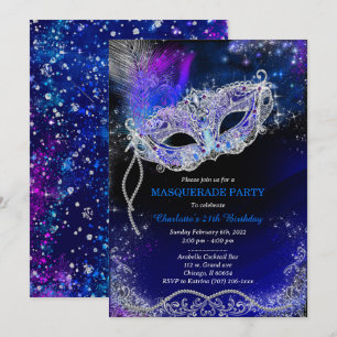 Invitation Mascarade d'anniversaire bleu royal personnalisée