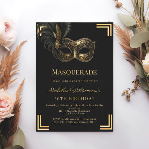 Invitation Mascarade d'anniversaire or noir