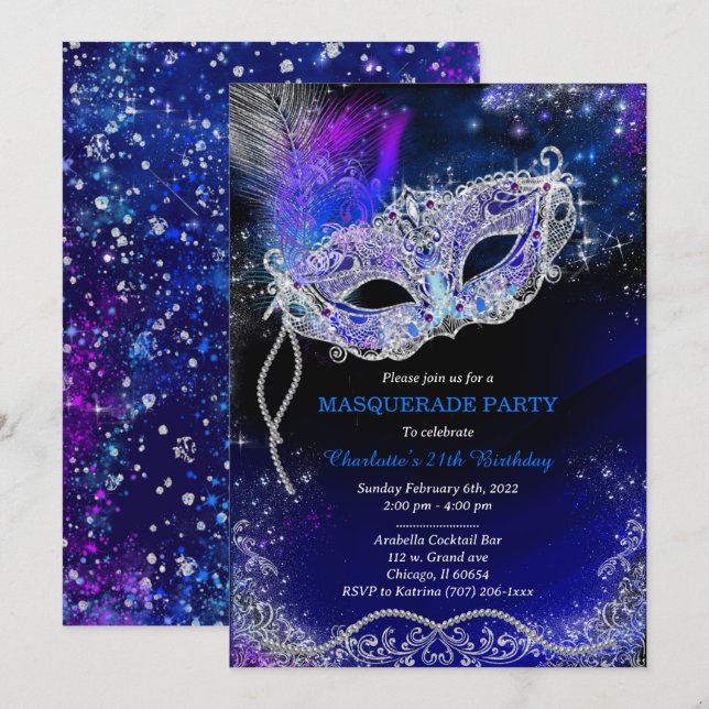 Invitation Mascarade d'anniversaire Royal Blue personnalisée (Devant / Derrière)