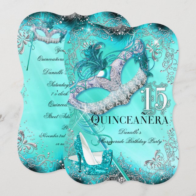 Invitation Mascarade d'argent turquoise Quinceanera Invitatio (Devant / Derrière)
