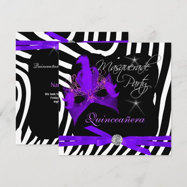 Invitation Mascarade de la fête de Quinceanera Zèbre pourpre (Devant / Derrière)