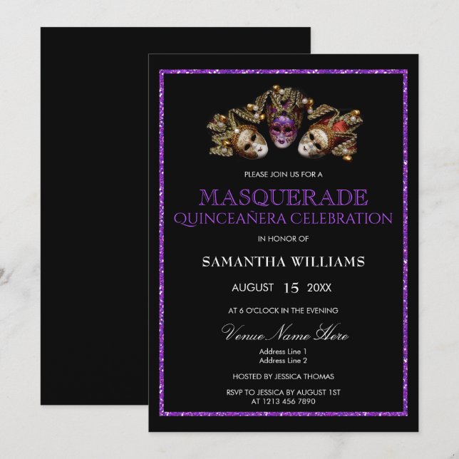 Invitation Mascarade de Parties scintillant violet glamour Qu (Devant / Derrière)