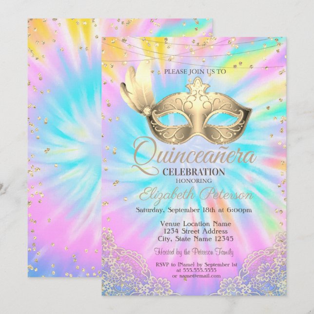 Invitation Mascarade, dentelle, carreau teint Quinceañera (Devant / Derrière)