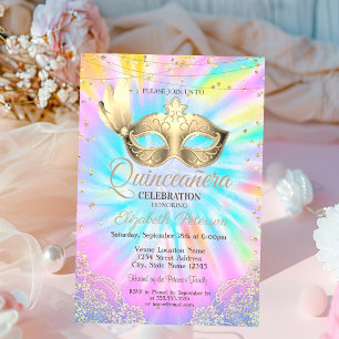Invitation Mascarade, Dentelle, Diamants Tie Dye Quinceañera