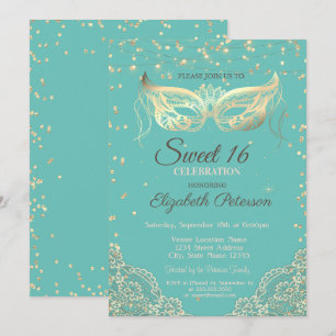 Invitation Mascarade, dentelle, diamants vert menthe Sweet 16
