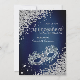 Invitation Mascarade diamant luxe Quinceañera bleu