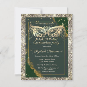Invitation Mascarade dorée paillettes vert Quinceañera