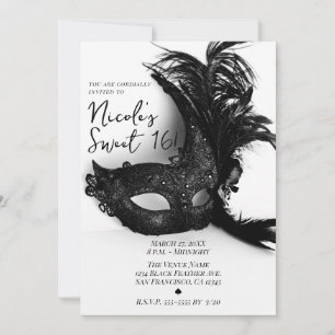 Invitation Mascarade Élégante à Plumes Noir & Blanc Sweet 16