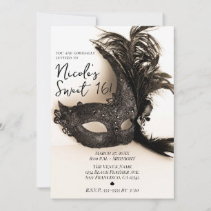 Invitation Mascarade Élégante à Plumes Noires Tan Sweet 16