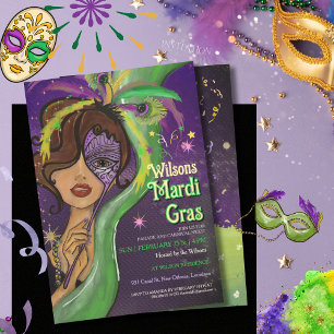 Invitation Mascarade élégante de Mardi Gras Portrait dessiné 