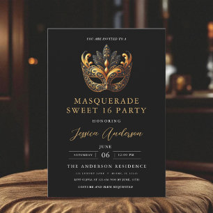 Invitation Mascarade élégante noire et or pour un Sweet Sixte