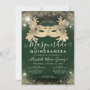 Invitation Mascarade Émeraude Vert Or Paillettes Quinceanera