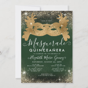 Invitation Mascarade Émeraude Vert Or Paillettes Quinceanera