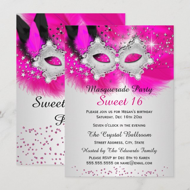 Invitation Mascarade en argent rose chaud doux 16 en dentelle (Devant / Derrière)