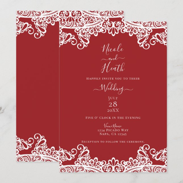 Invitation Mascarade en dentelle rouge et blanche Mariage élé (Devant / Derrière)