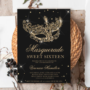 Invitation Mascarade en or noir masque parties scintillant Sw