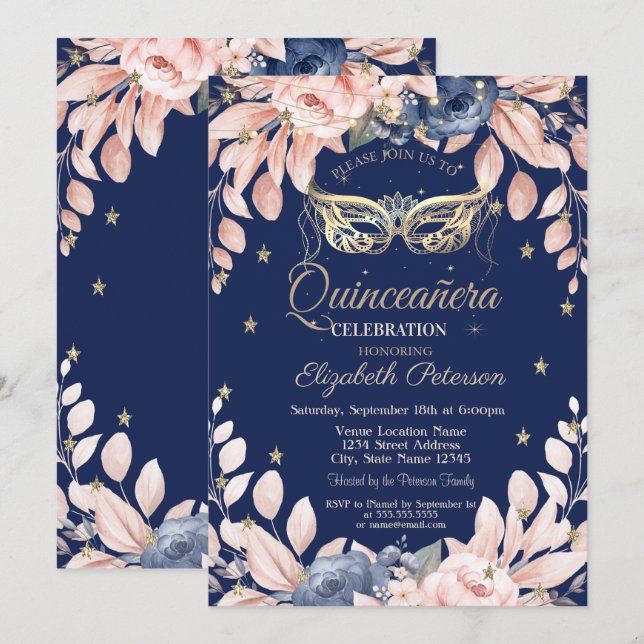 Invitation Mascarade, Fleurs Bleues, Étoiles D'Or Quinceañera (Devant / Derrière)