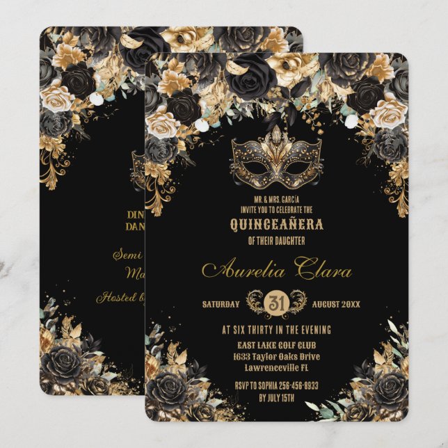 Invitation Mascarade Florale d'or noir Quinceañera (Devant / Derrière)