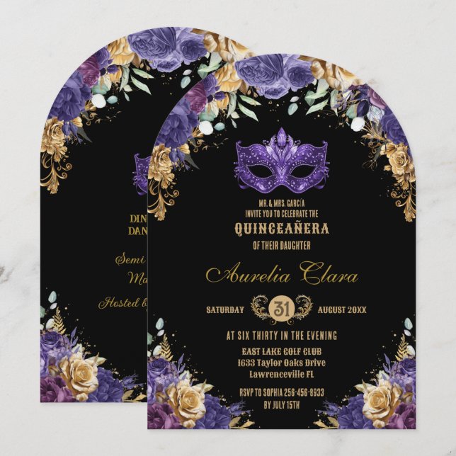 Invitation Mascarade Florale d'or violet Quinceañera (Devant / Derrière)