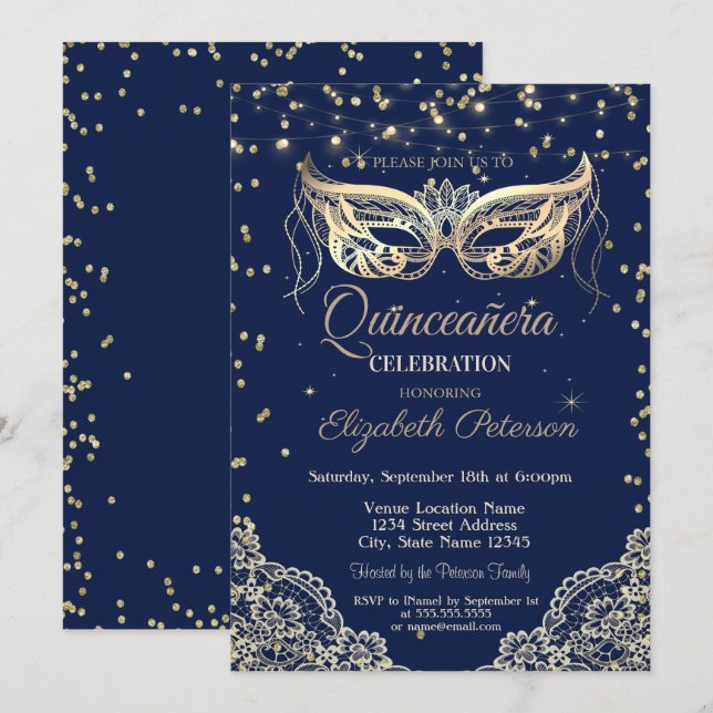 Invitation Mascarade, Lumières à cordes, Dentelle, Diamonds Q (Devant / Derrière)