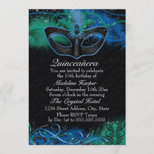 Invitation Mascarade Mascarade Mascaré bleu et vert étincelle