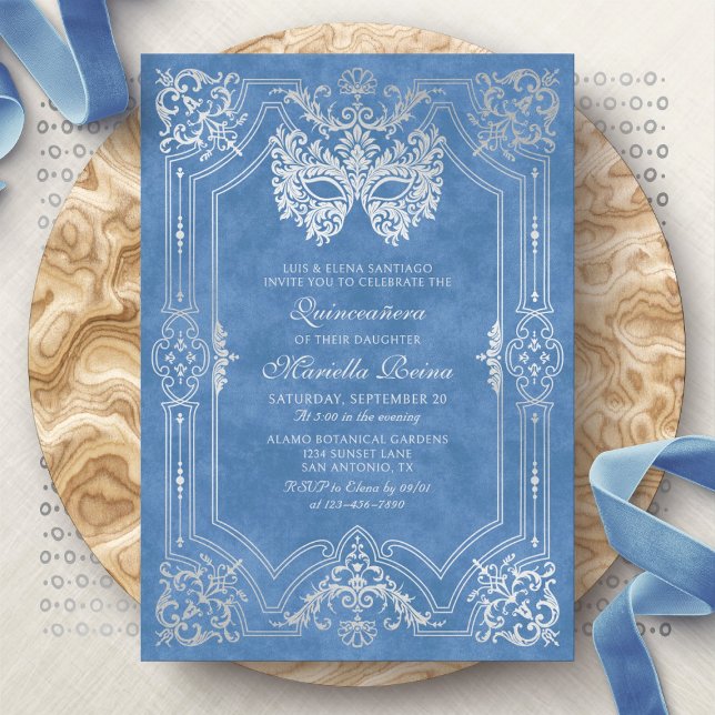 Invitation Mascarade Masque bleu élégant Quinceanera (Créateur téléchargé)