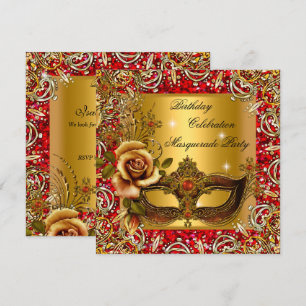 Invitation Mascarade Masque Doré Paillettes Rouge Fête d'anni