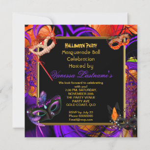 Invitation Mascarade Masqué Halloween Violet Orange Fête