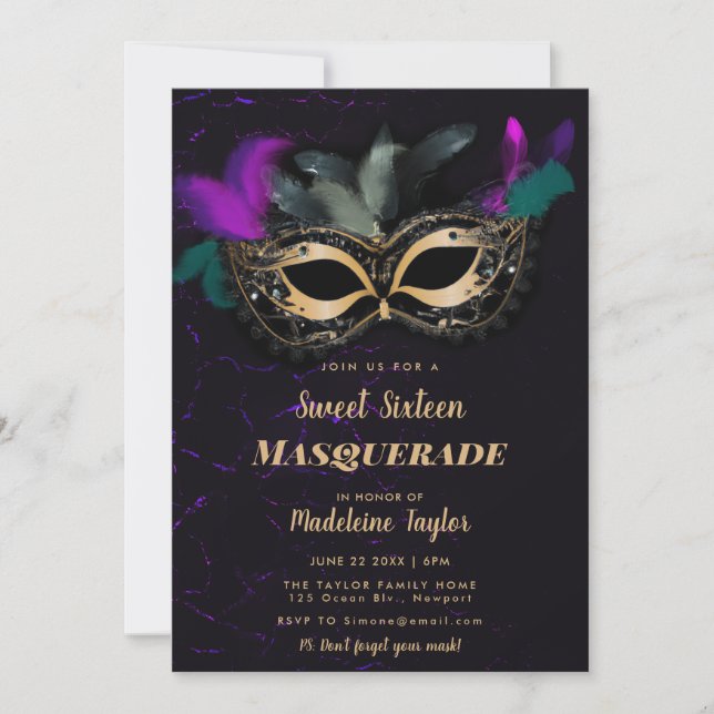 Invitation Mascarade Masque Hot rose Or Black Sweet 16 Party (Devant)