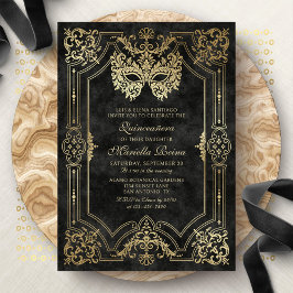 Invitation Mascarade Masque noir Elégant Quinceanera