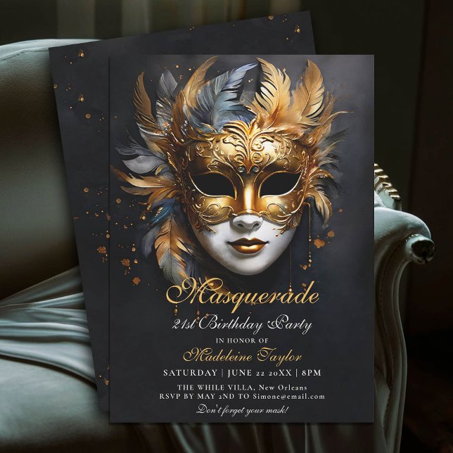 Invitation Mascarade Masque Venetian Gold Purple 21e annivers (masquerade 21st birthday party invitation glam gold purple venetian mask mascarade)