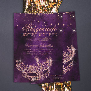 Invitation Mascarade masque violet rose or parties scintillan