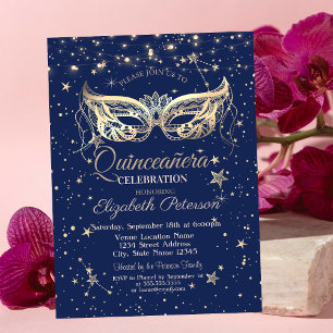 Invitation Mascarade, Navy Blue Stars Quinceañera