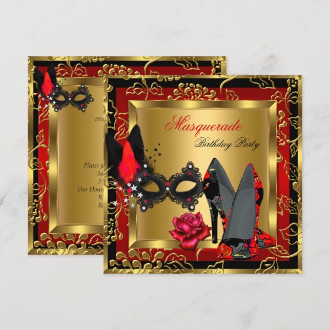Invitation Mascarade Or Rouge Noir Talons Hauts Masque Rose (Devant / Derrière)