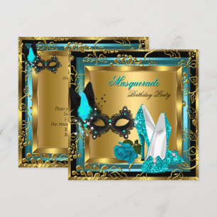 Invitation Mascarade Or Turquoise Noir Paillettes Hauts Talon