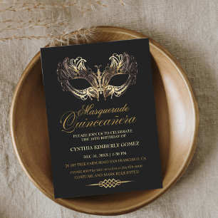 Invitation Mascarade Quinceañera Gold Noir 16e anniversaire