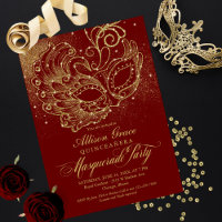 Invitation Mascarade Quinceanera Or Bourgogne